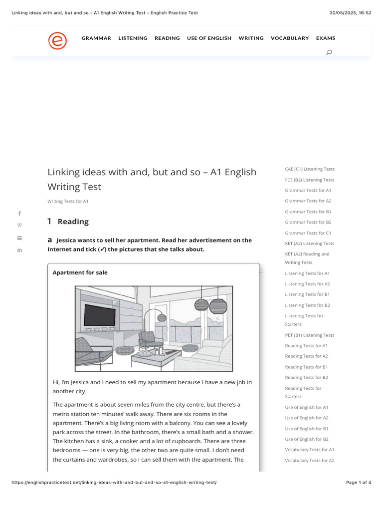 Linking Ideas With And, But and So - A1 English Writing Test - English ...