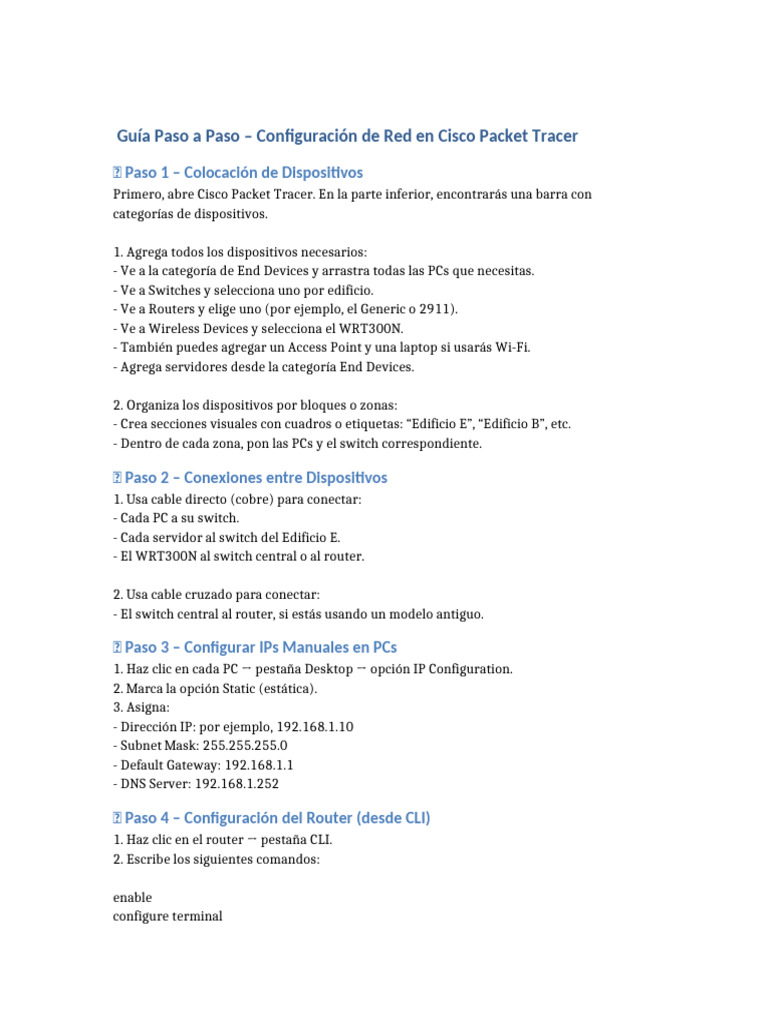 Configuración de Red en Cisco Packet Tracer | PDF | Dirección IP ...