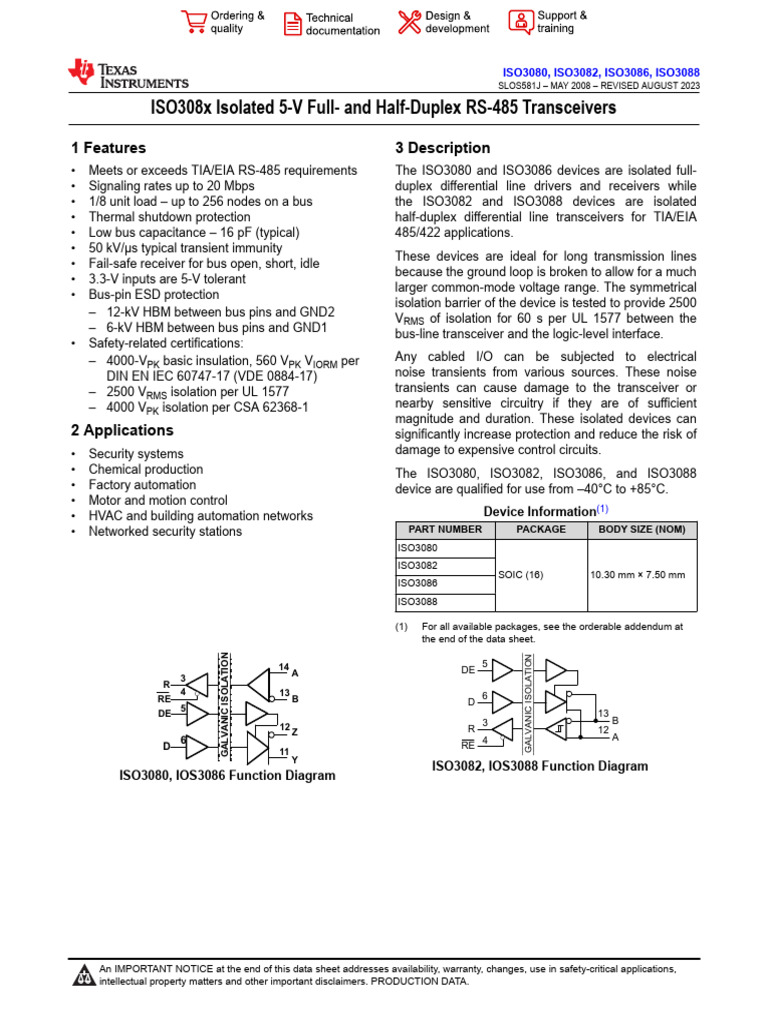 ISO308x Isolated RS-485 Transceivers | PDF | Electrostatic Discharge ...