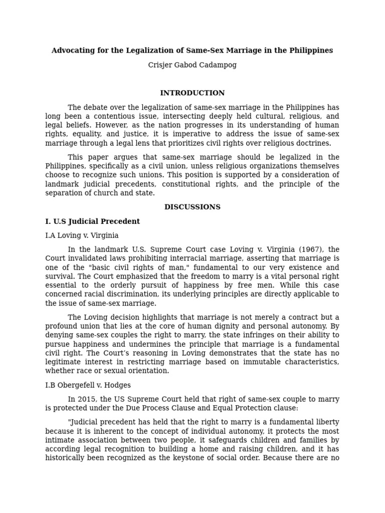 Position Paper Same Sex Marriage | PDF | Due Process Clause | Marriage