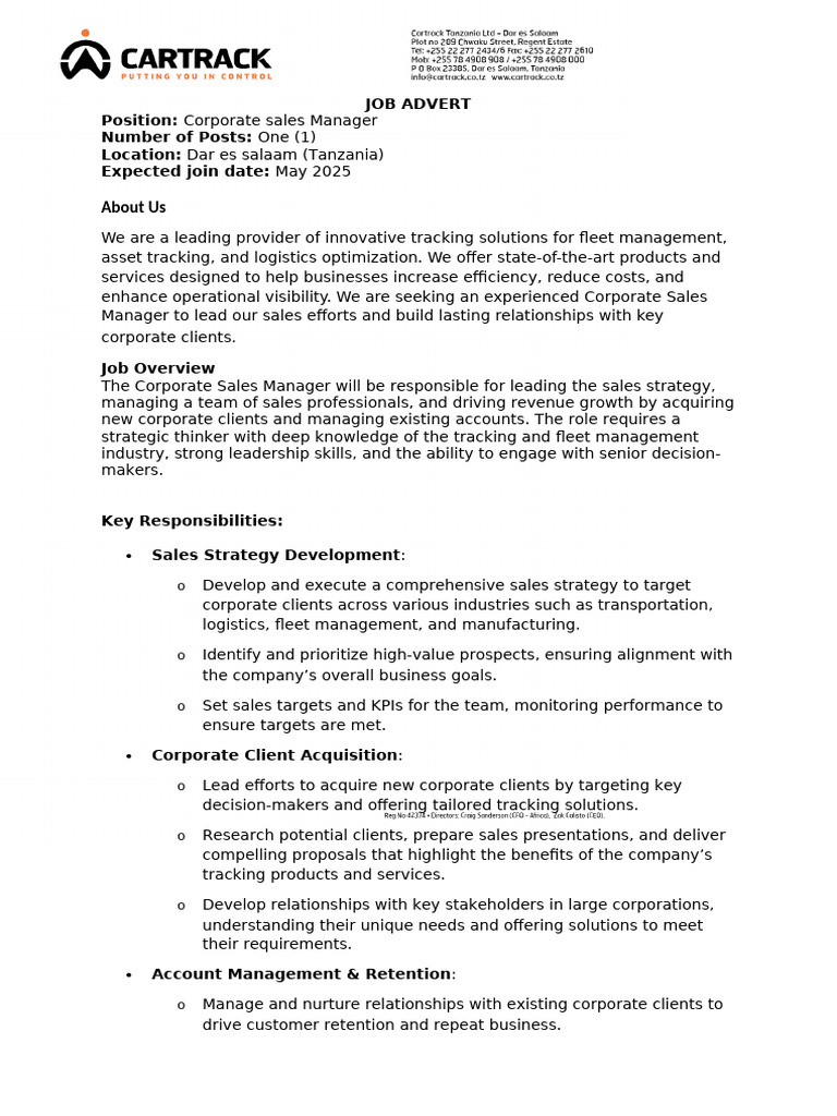 Job Advert Corporate Sales Manager | PDF | Sales | Employee Retention