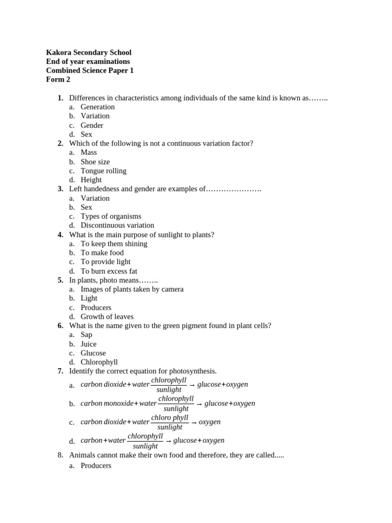 Combined Science Exam Paper for Form 2 | PDF | Chemical Substances | Force