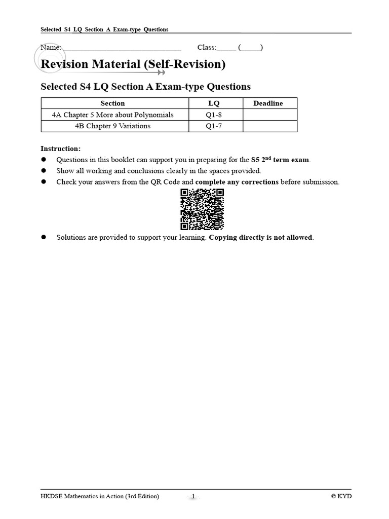 S4 LQ Exam Questions: Polynomials & Variations | PDF | Polynomial ...
