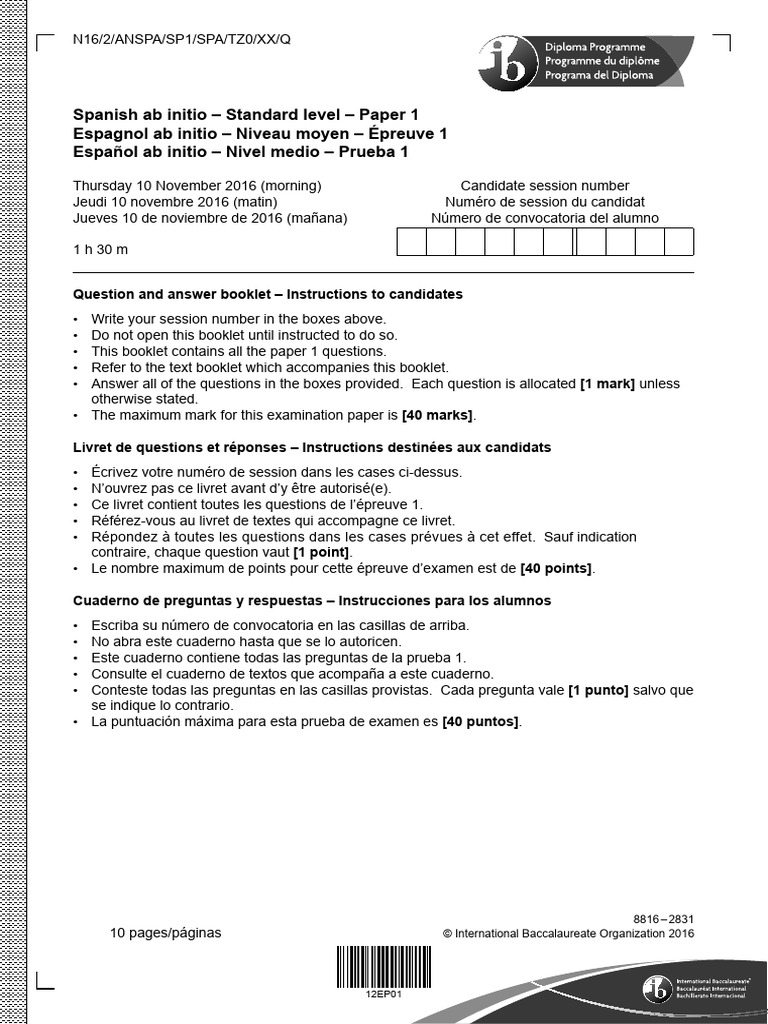 Spanish Ab Initio Paper 1 Question Booklet SL Spanish | PDF