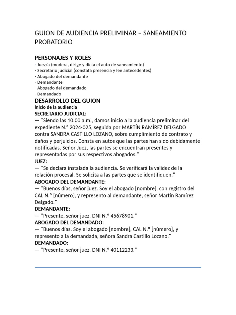 Guion de Audiencia Preliminar Judicial PDF Demanda judicial