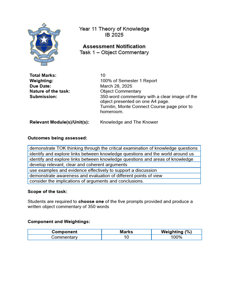 Year 11 TOK Object Commentary Guide | PDF | Knowledge