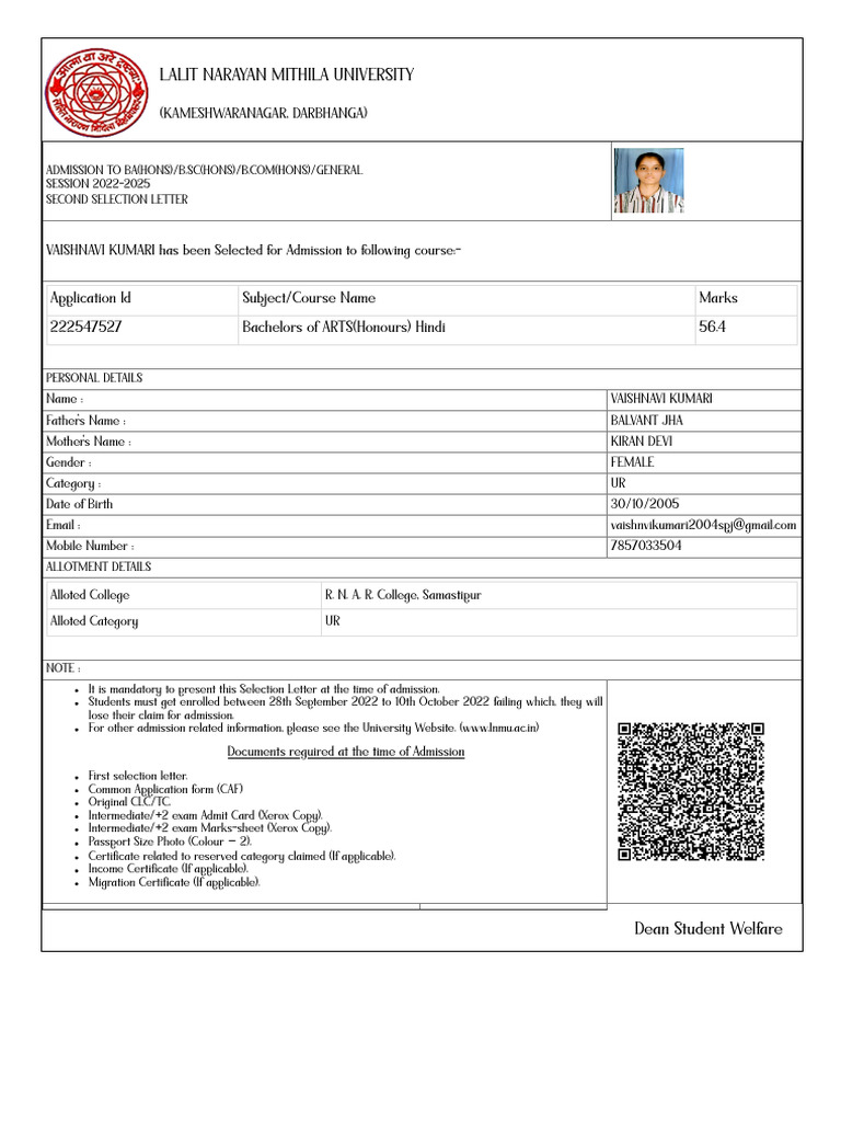 Second Selection Letter for Admission | PDF | Government And Personhood ...