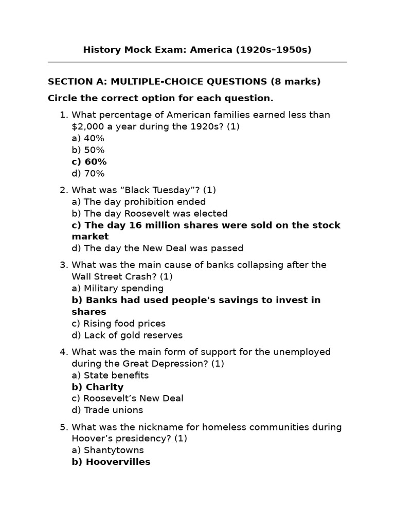 APUSH Mock Exam: 1920s-1950s History | PDF | New Deal | Wall Street ...