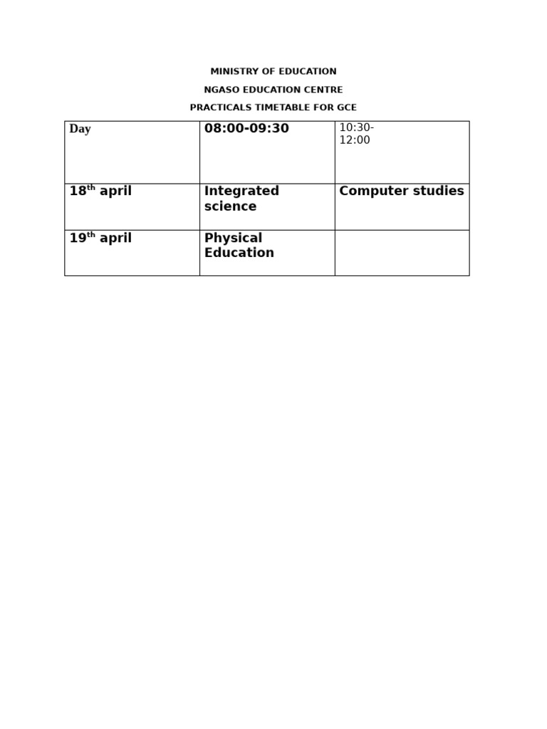 Grade 9 GCE Practical Timetable 2025 | PDF