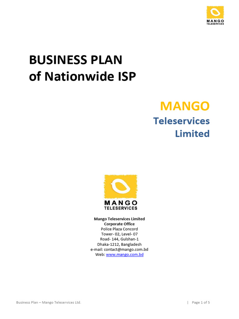 Business Plan of Nationwide ISP: Mango | PDF | Marketing | Internet