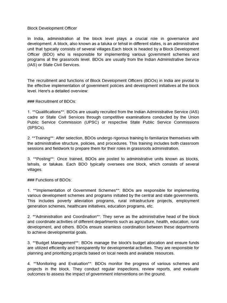 Block Development Officer | PDF | Monitoring And Evaluation | Economies