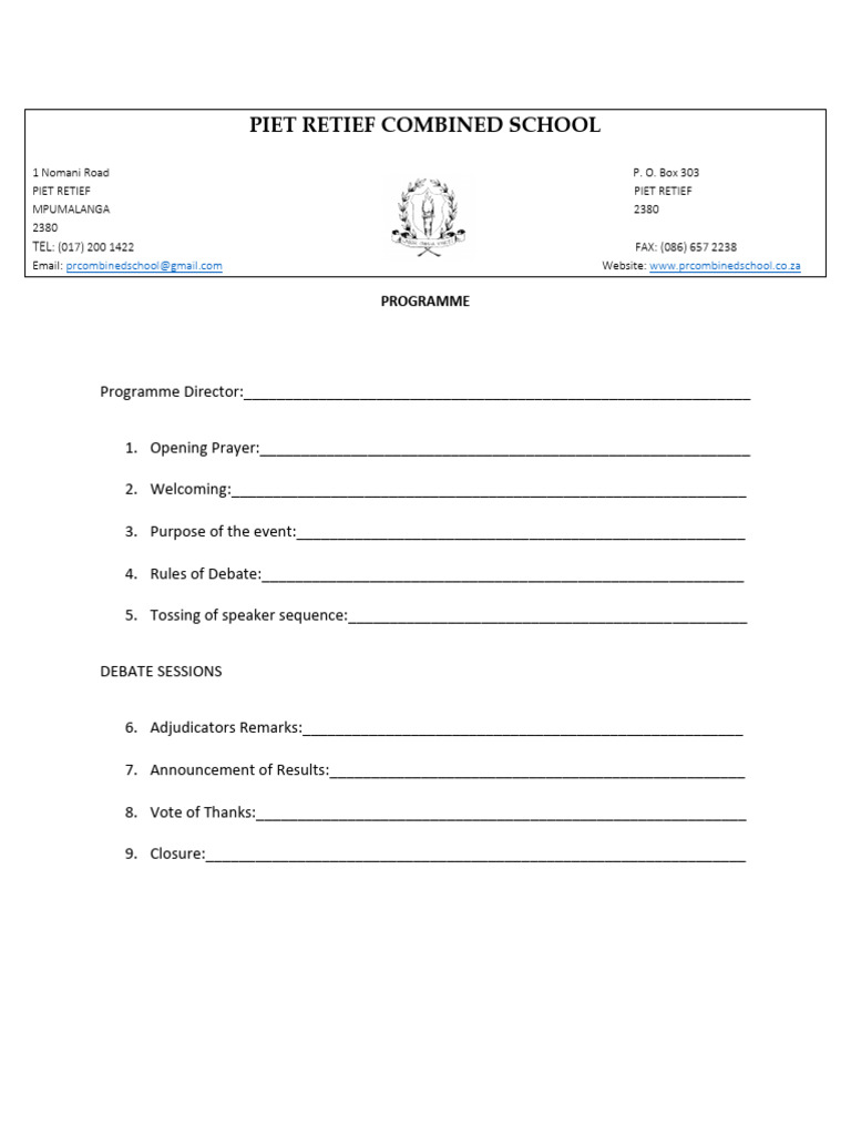 Piet Retief Combined School Debate Program | PDF