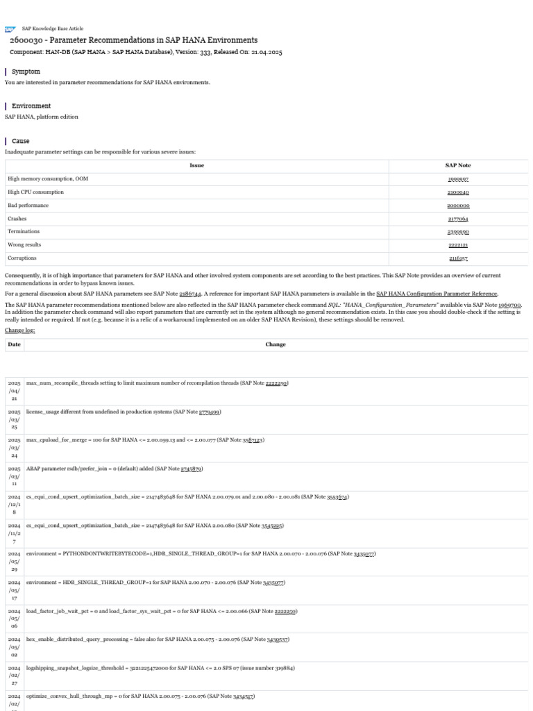 SAP HANA Parameter Recommendations | PDF | Thread (Computing ...