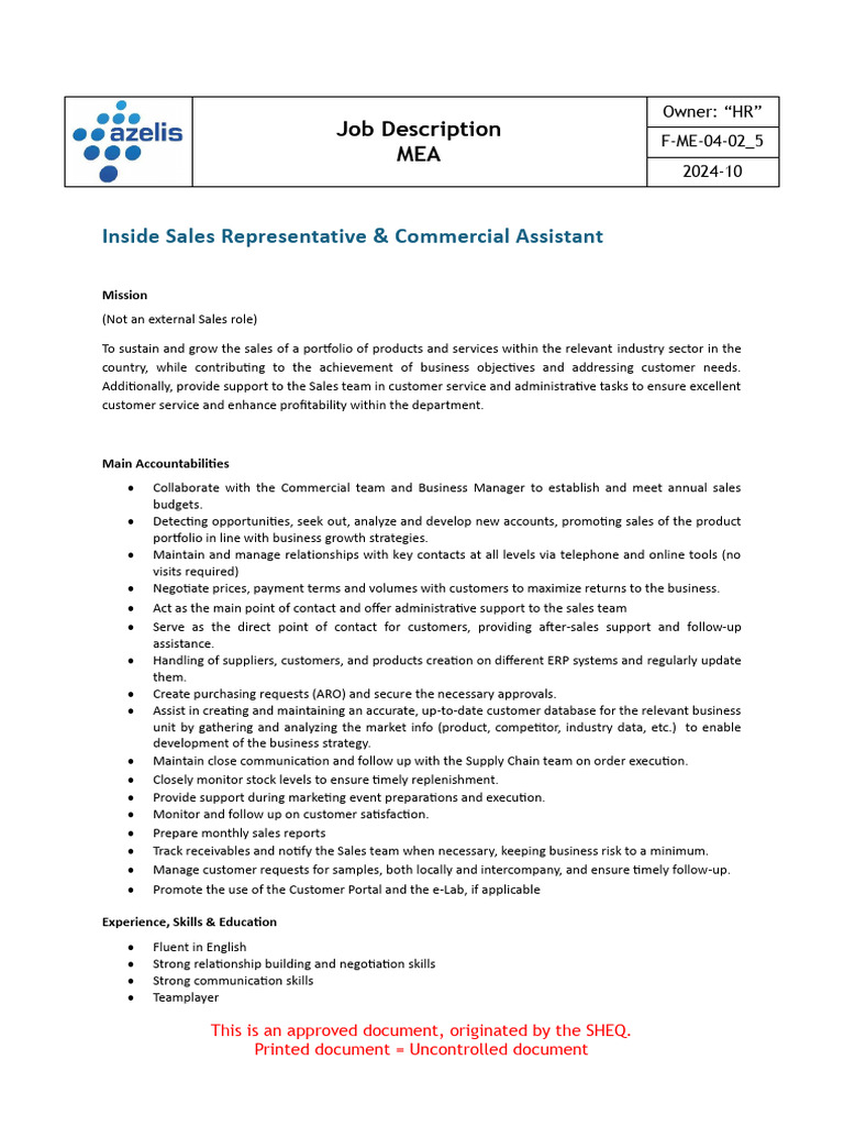 Inside Sales Representative Job Description | PDF | Sales | Customer