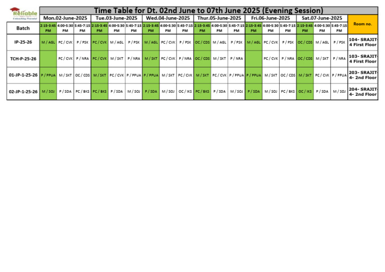 Evening Session Timetable: June 2025 | PDF
