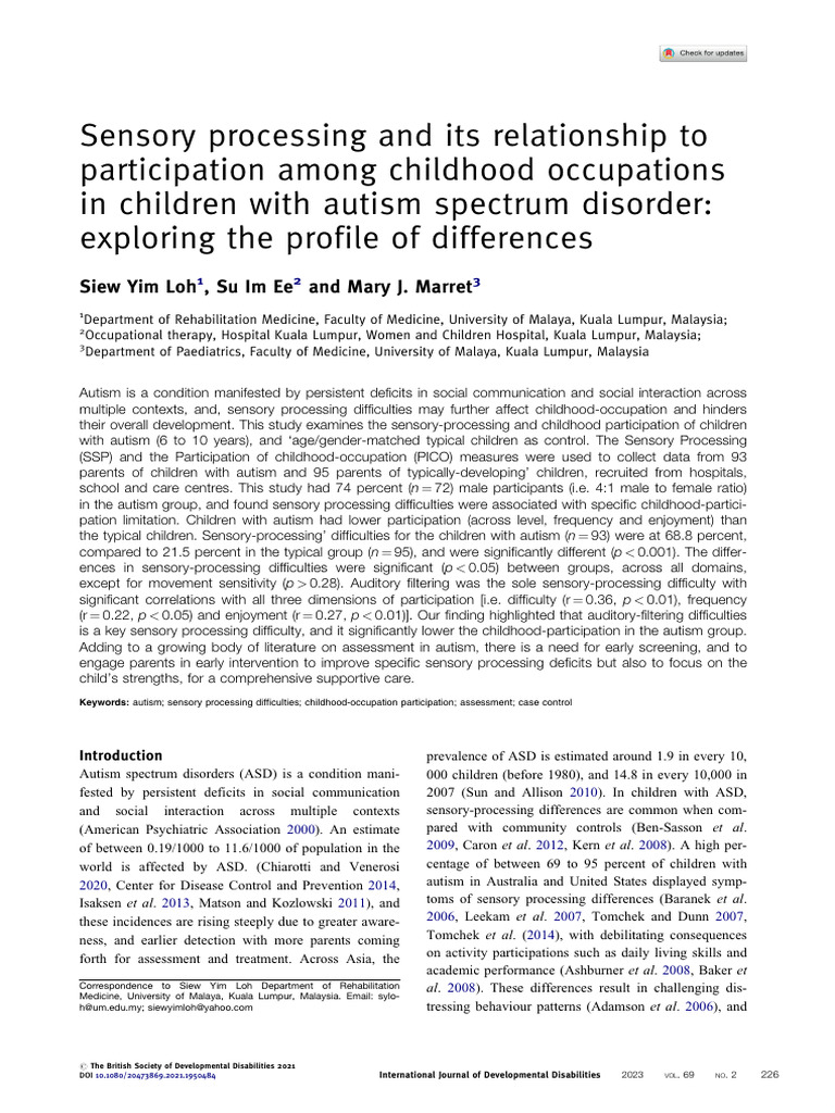 Sensory Processing in Autism and Participation | PDF | Autism | Perception