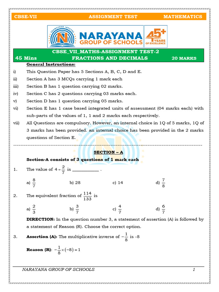 Class 7 Maths Assignment: Fractions & Decimals | PDF | Multiple Choice ...