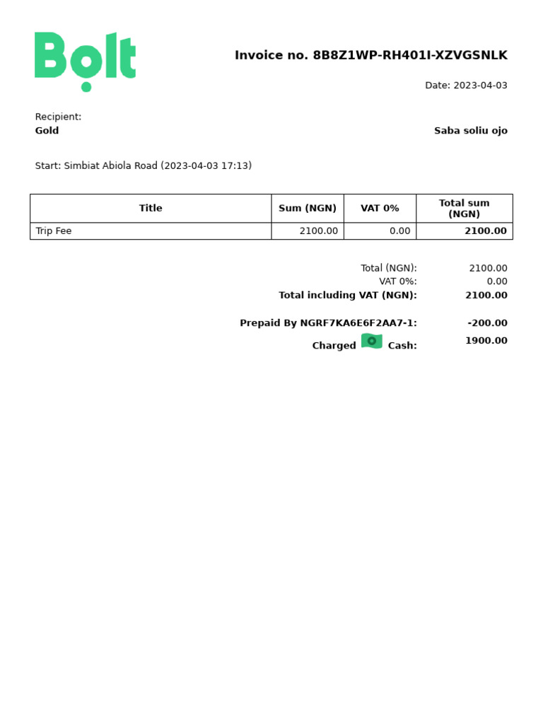 Ride Invoice From Bolt 2 | PDF