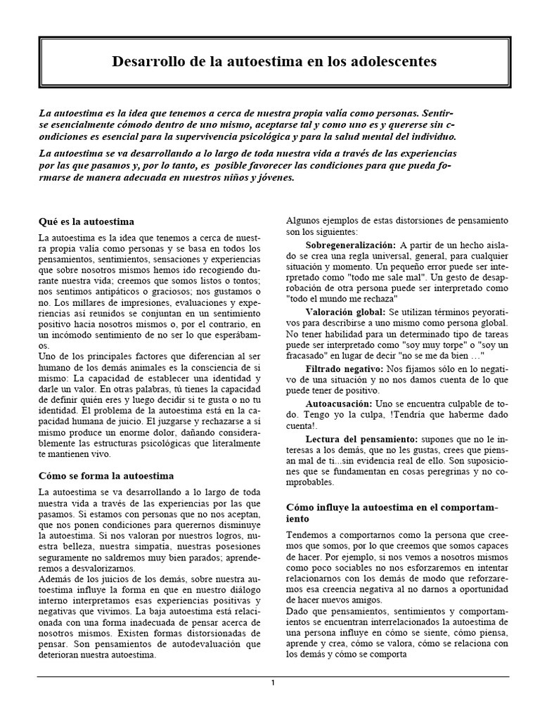 Importancia de la autoestima en adolescentes | PDF | Autoestima ...