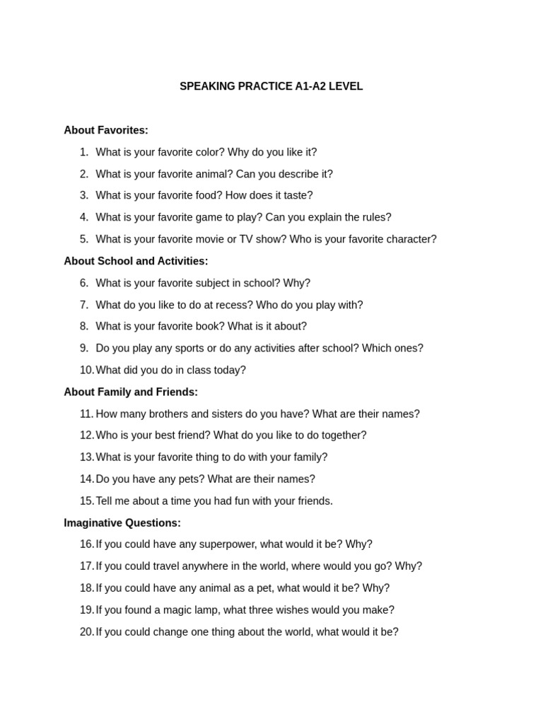 A1 Speaking Practice Questions PDF | PDF