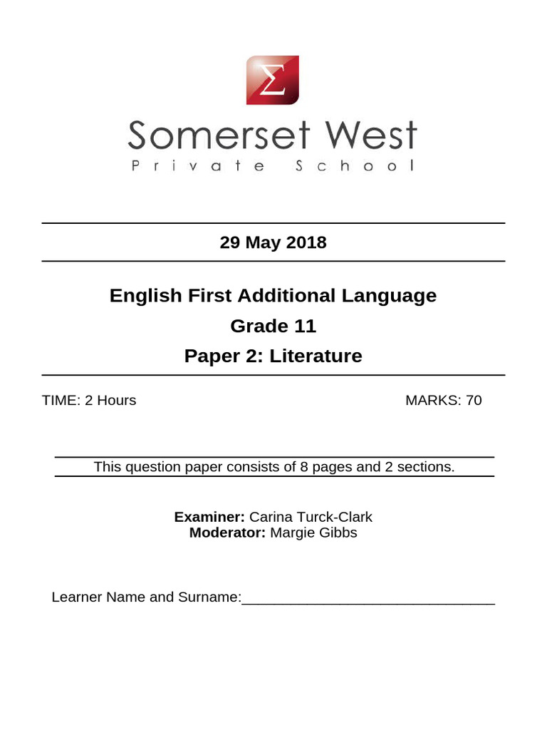 Grade 11 English FAL Paper 2 June 2018 | PDF | Poetry