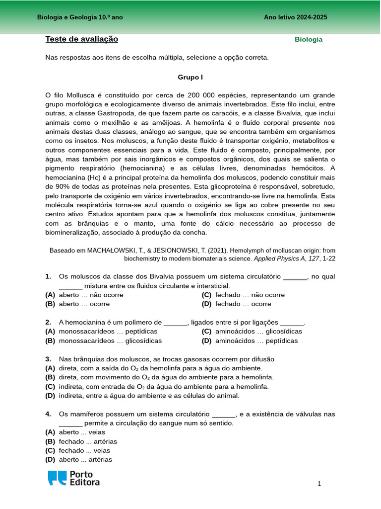 bg10 Teste Avaliacao 24 25 | PDF | Sistema circulatório | Glicolise
