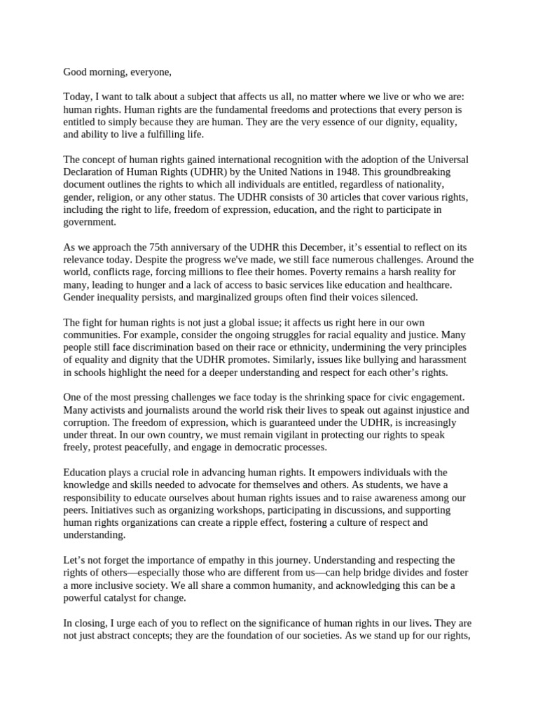 Speech Two On Human Rights Day PDF Human Rights Social Equality