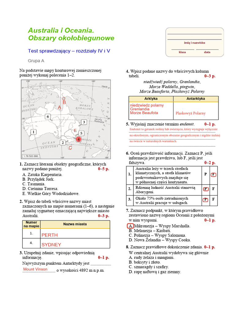Test I Odp Australia I Oceania Obszary Okołobiegunowe Paneta Nowa 8 | PDF
