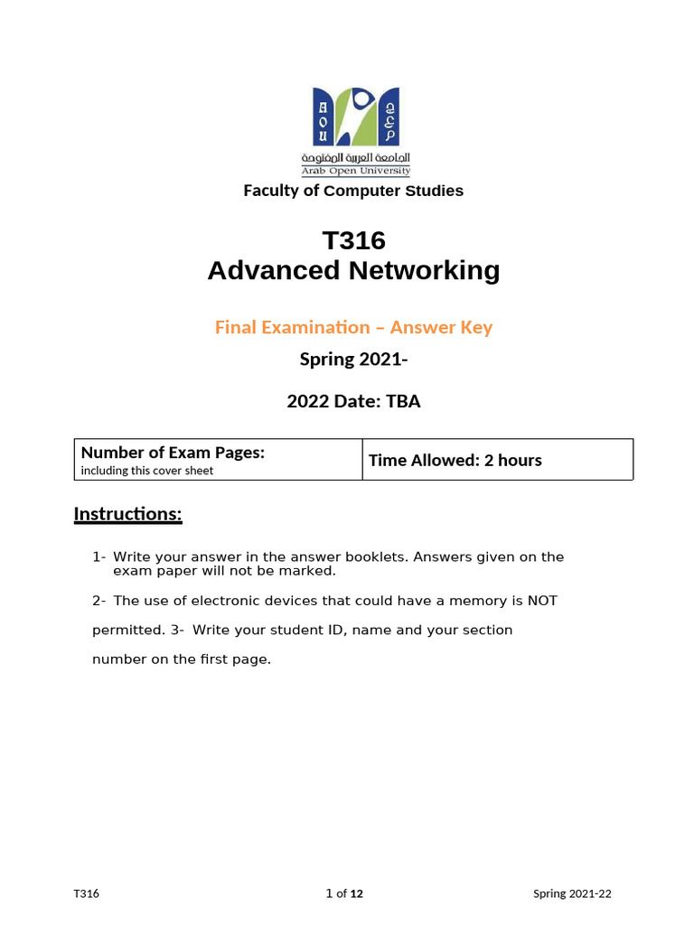 Advanced Networking Exam Key 2021-22 | PDF | Computing | Computer ...