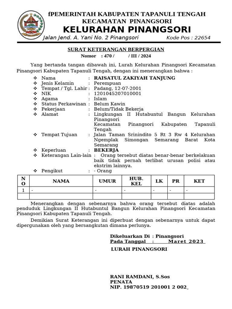 Surat Keterangan Berpergian Tapanuli Tengah | PDF