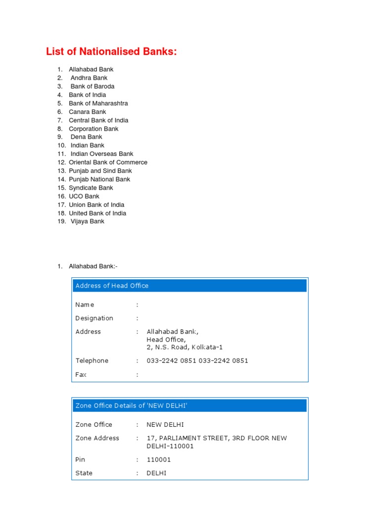 Nationalised Banks in India and HQs | PDF | Career & Growth