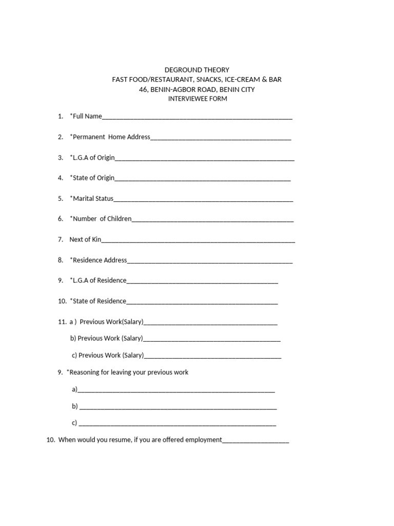 Applicant Interview Form | PDF | Fast Food | Food Industry