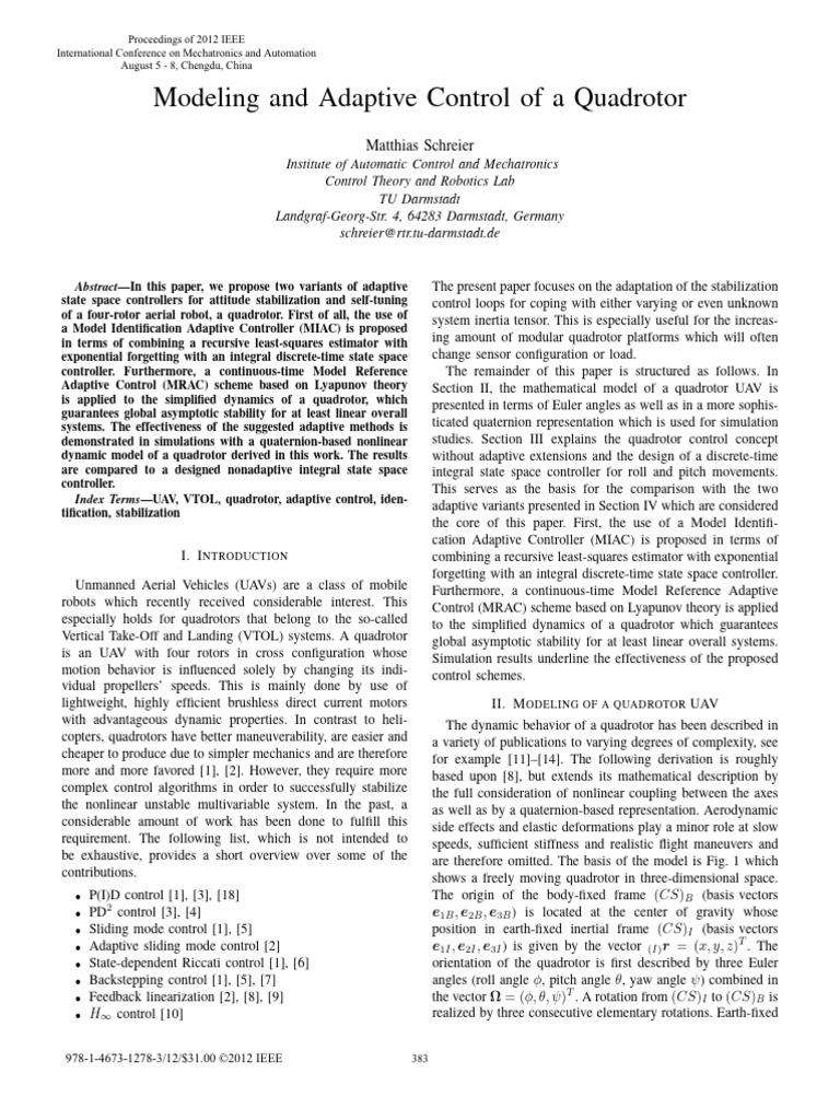 Modeling and Adaptive Control of A Quadrotor | PDF | Control Theory ...