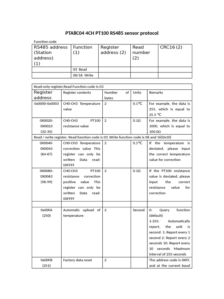 PTA8C04 RS485 PT100 Sensor Protocol | PDF | Computer Science | Computer ...