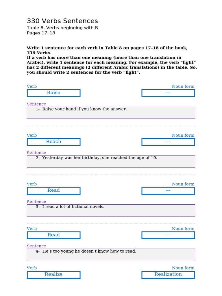 330 Verbs Sentences Assignment, Table 8, Fall | PDF | Verb | Sentence ...