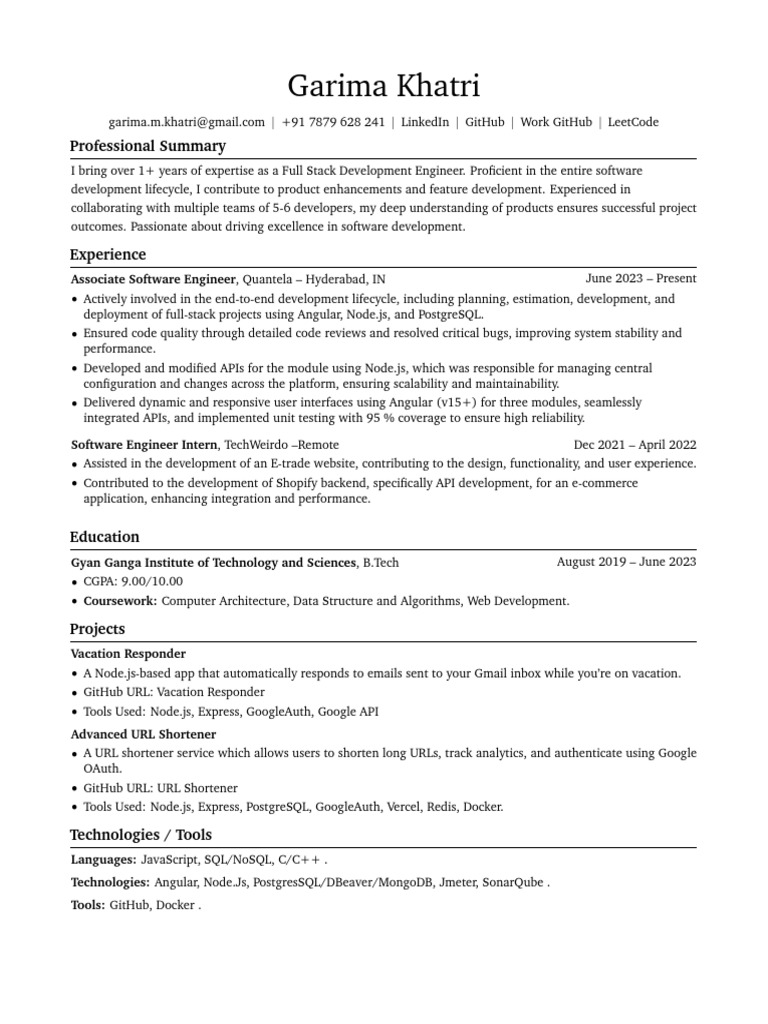 Full Stack Developer Resume: Garima Khatri | PDF | Postgre Sql ...