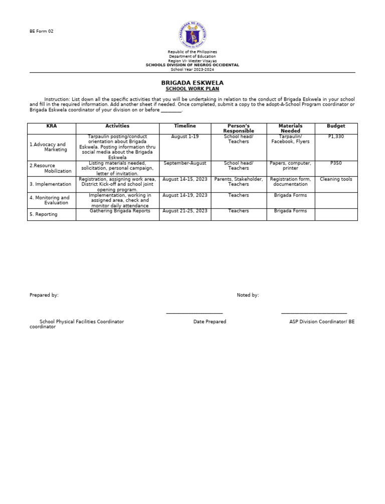 Brigada Eskwela School Work Plan 2023 | PDF