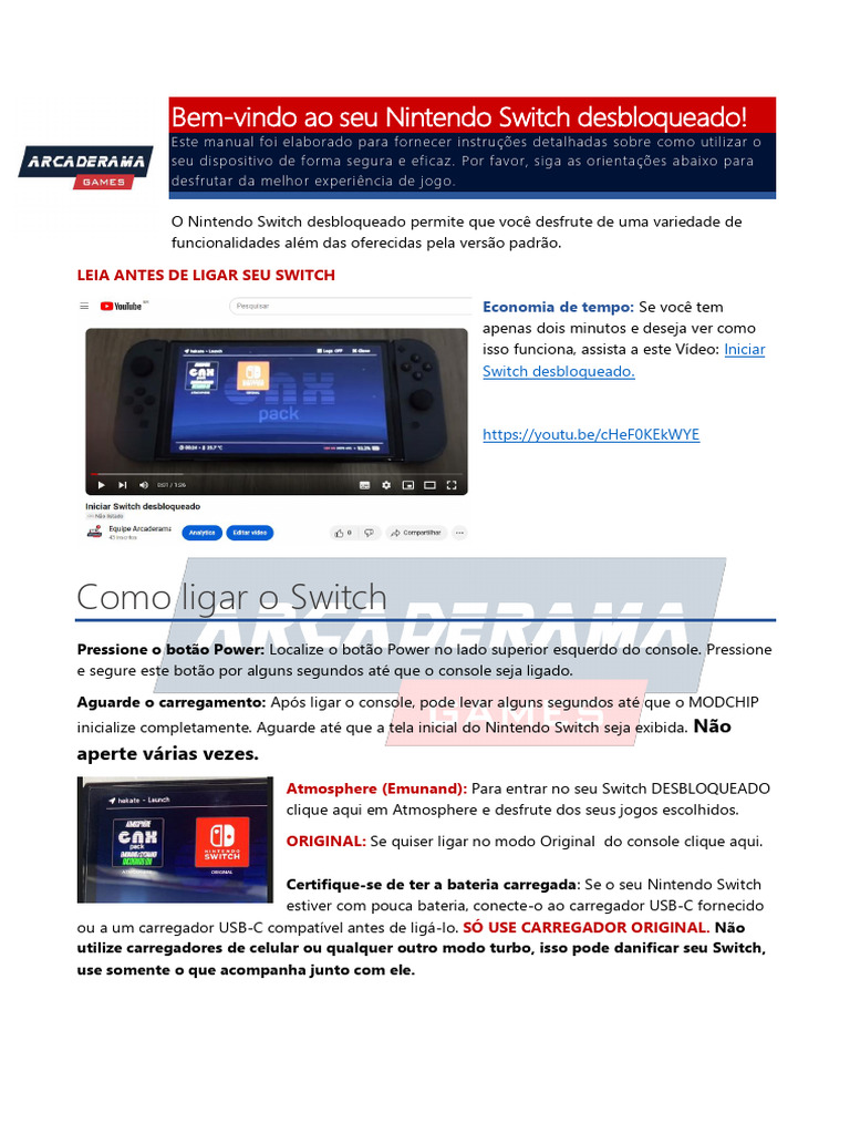 Manual do Nintendo Switch Desbloqueado | PDF | Nintendo | Informática
