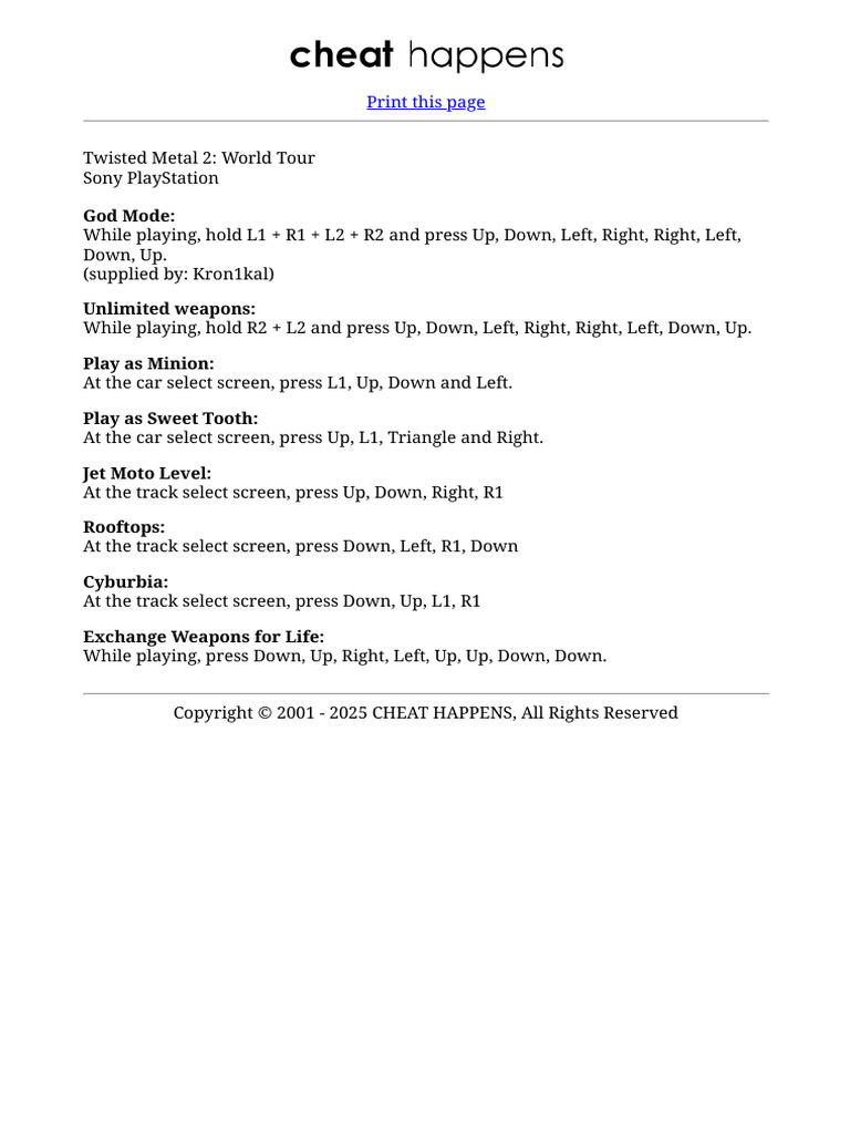 Twisted Metal 2 Cheat Codes Guide PDF