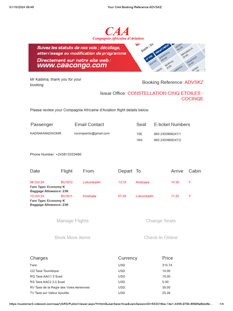 CAA Flight Booking Confirmation for Kadima | PDF | Aviation