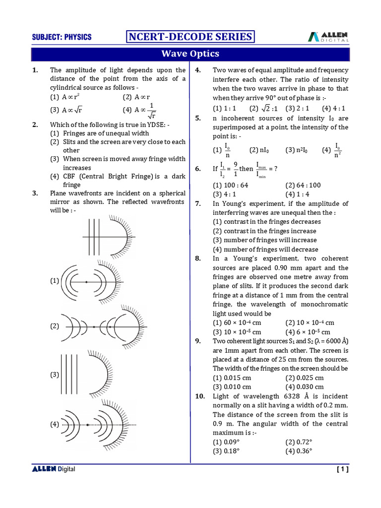 Wave Optics NCERT Solutions Guide | PDF | Wavelength | Coherence (Physics)