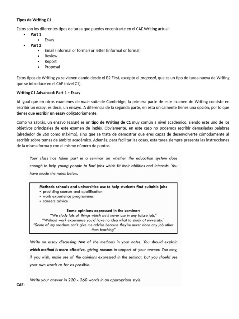 Tipos de Writing en el CAE C1 | PDF | Lingüística | Comunicación humana