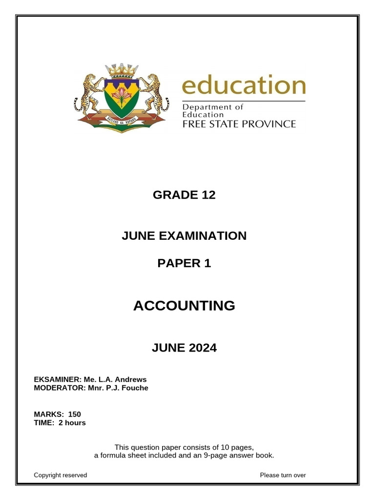 Grade 12 Accounting June 2024 Exam Paper | PDF | Dividend | Equity ...