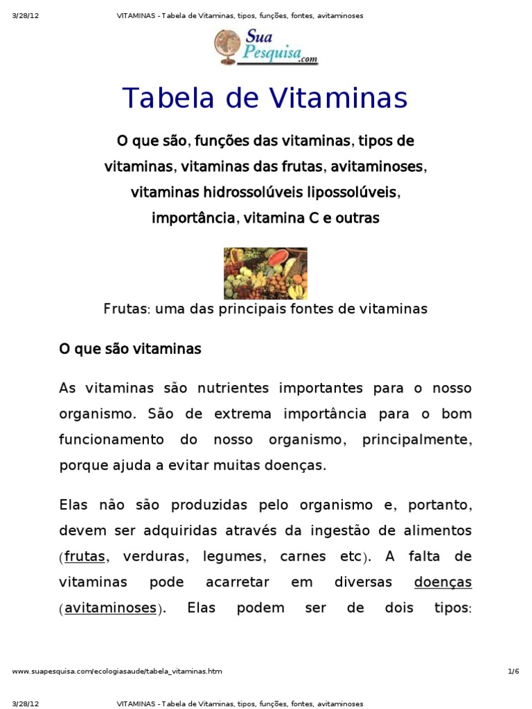 Vitaminas Tabela De Vitaminas Tipos Funções Fontes Avitaminoses