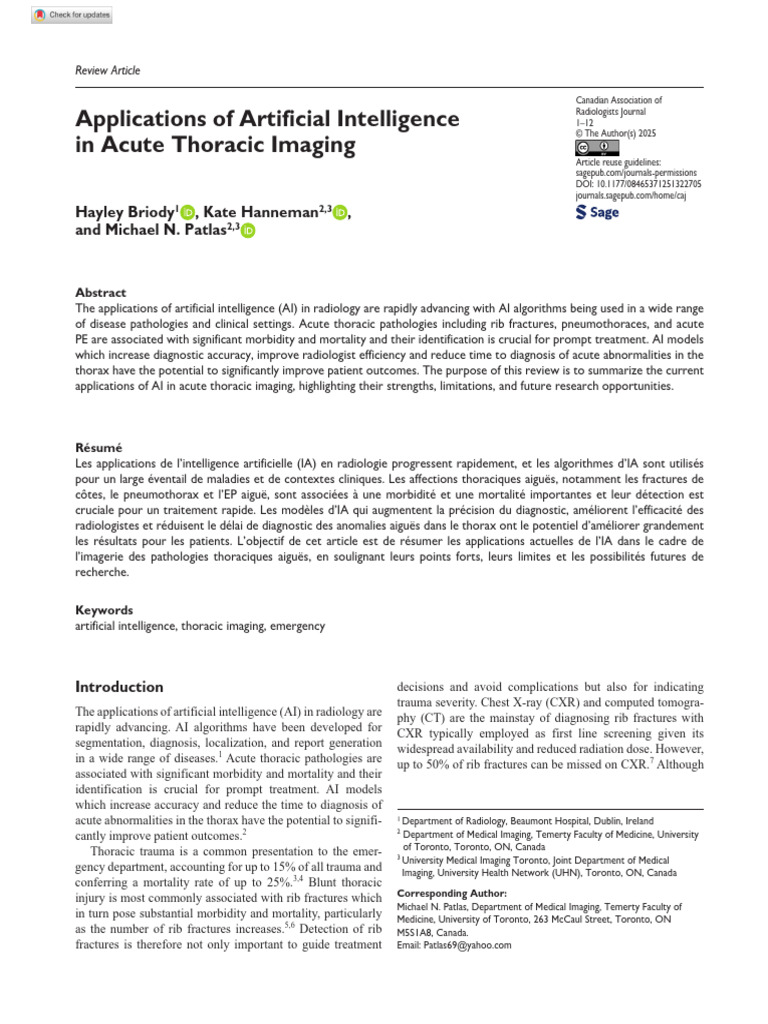 Applications of Artificial Intelligence in Acute Thoracic Imaging | PDF ...