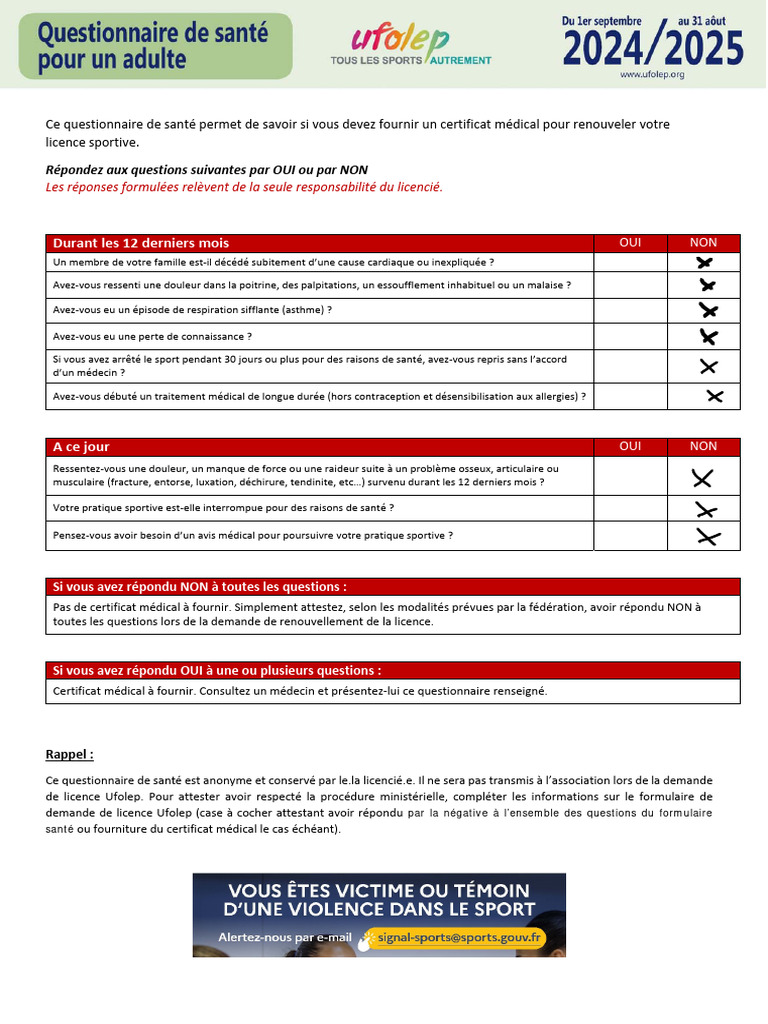 Questionnaire de santé pour licence sportive | PDF