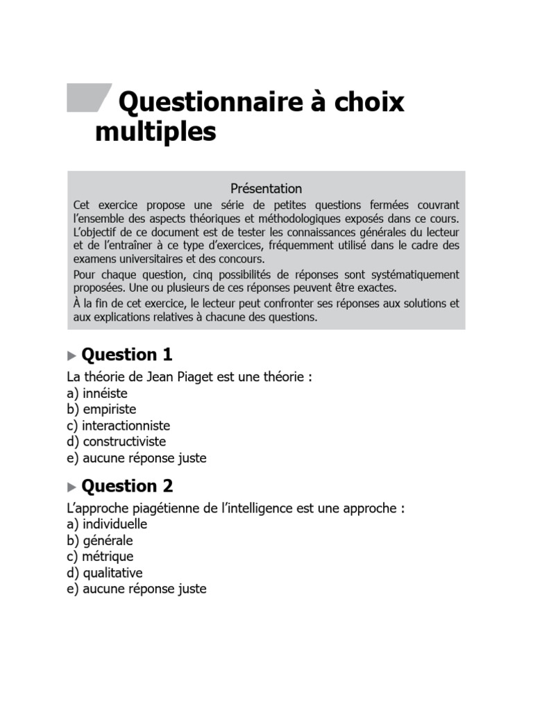 Questionnaire à Choix Multiples | PDF | Psychologie du développement ...