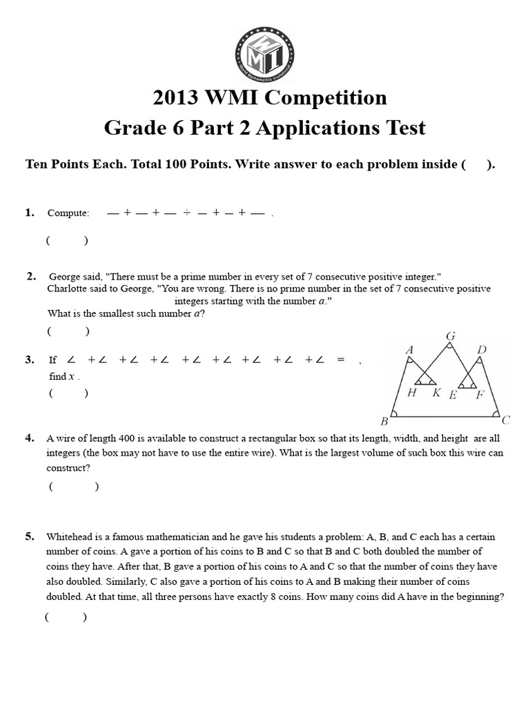 2013 WMI Grade 6 Math Test Problems | PDF | Numbers | Prime Number