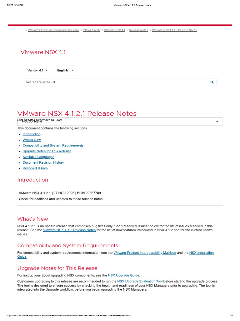 NSX 4.1.2.1 Release Notes Summary | PDF | V Mware | Computer Science