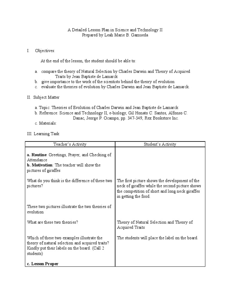 Evolution Theories Lesson Plan | PDF | Natural Selection | Heredity